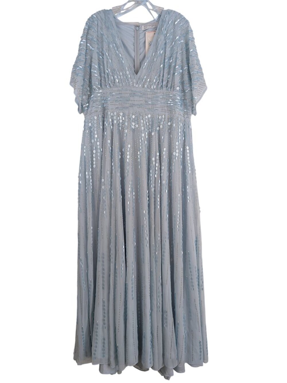 Mac Duggal Blue Maxi Dress V-neck Sequin Short Sleeve Empire Waist 10807 Size 14 - Picture 3 of 16